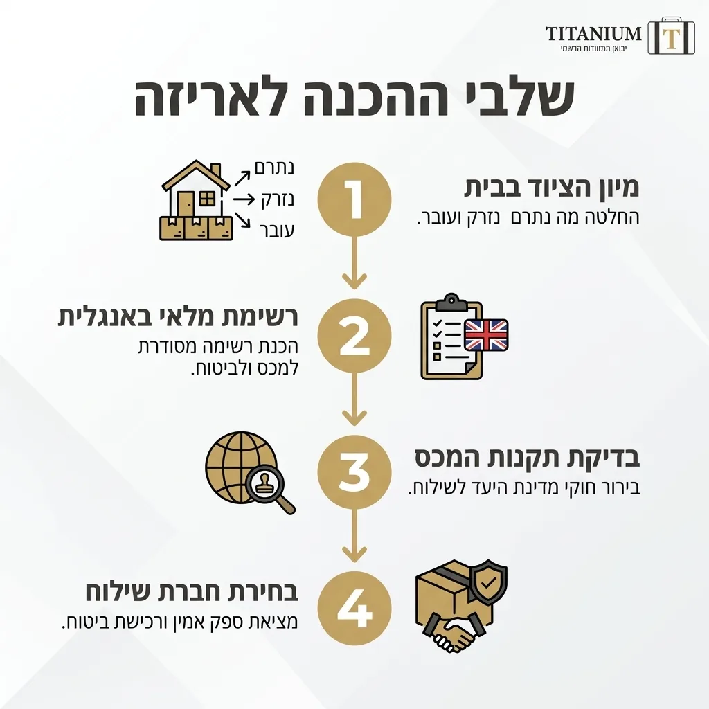 אינפוגרפיקה — שלבי ההכנה לאריזה: מיון הציוד בבית, רשימת מלאי באנגלית, בדיקת תקנות המכס, בחירת חברת שילוח