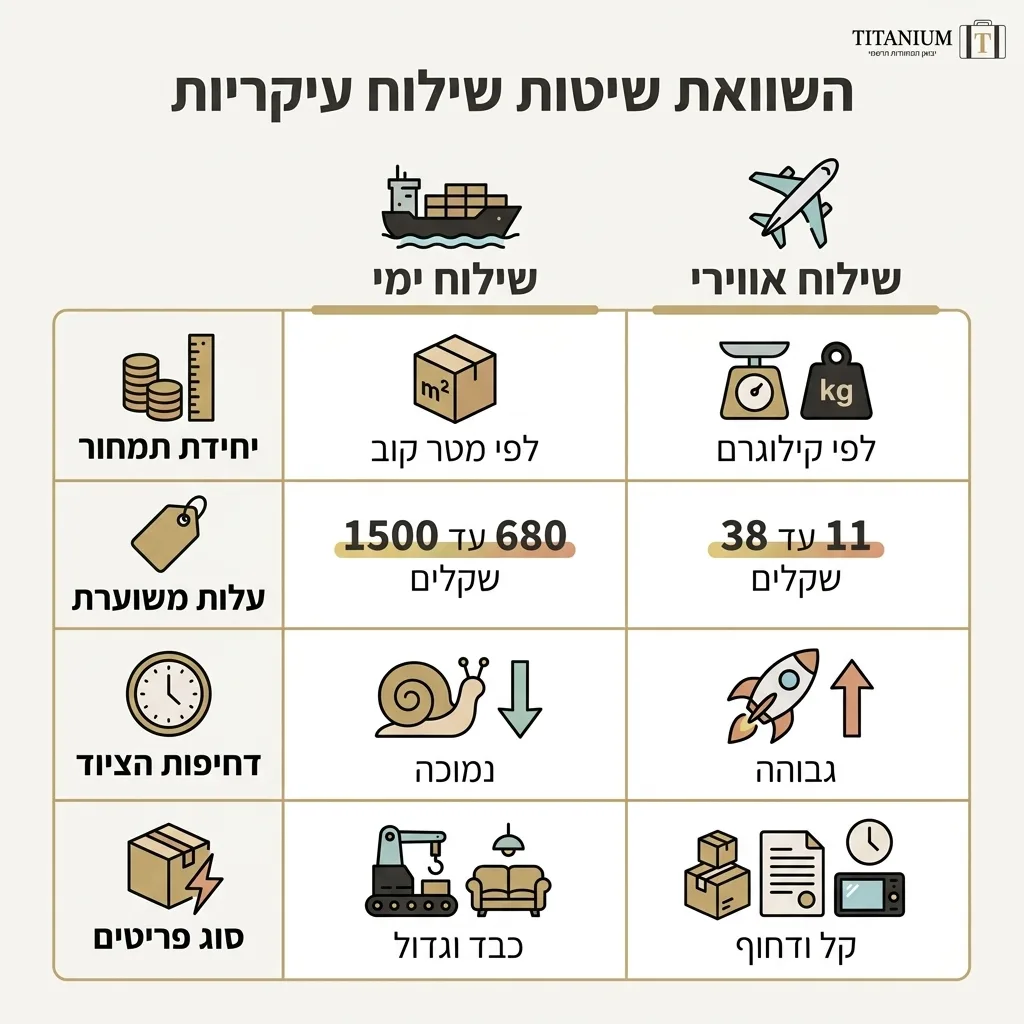 אינפוגרפיקה — השוואת שיטות שילוח עיקריות: השוואה בין שילוח ימי, שילוח אווירי
