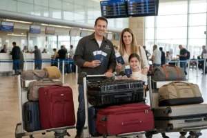 משפחה אוחזת דרכונים בשדה התעופה כשלצידה מספר עגלות עמוסות בכבודה גדולה וקשיחה.