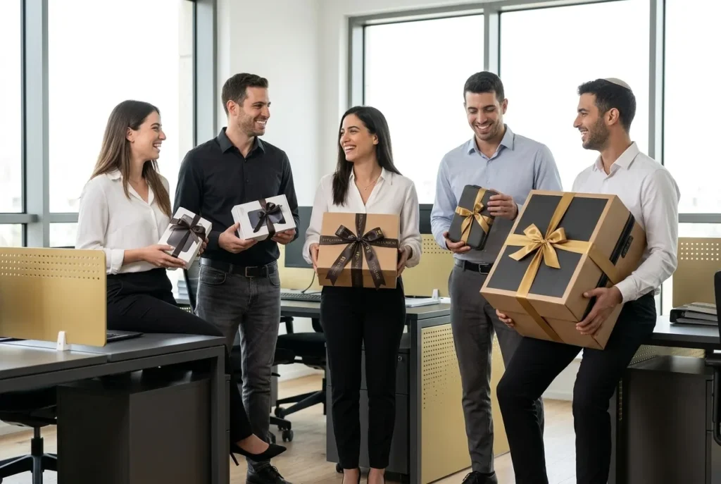 קבוצת עובדים במשרד הייטק מודרני מרוצים ומחזיקים פריטים ארוזים בסרטי מתנה מהודרים.