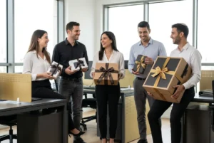 קבוצת עובדים במשרד הייטק מודרני מרוצים ומחזיקים פריטים ארוזים בסרטי מתנה מהודרים.
